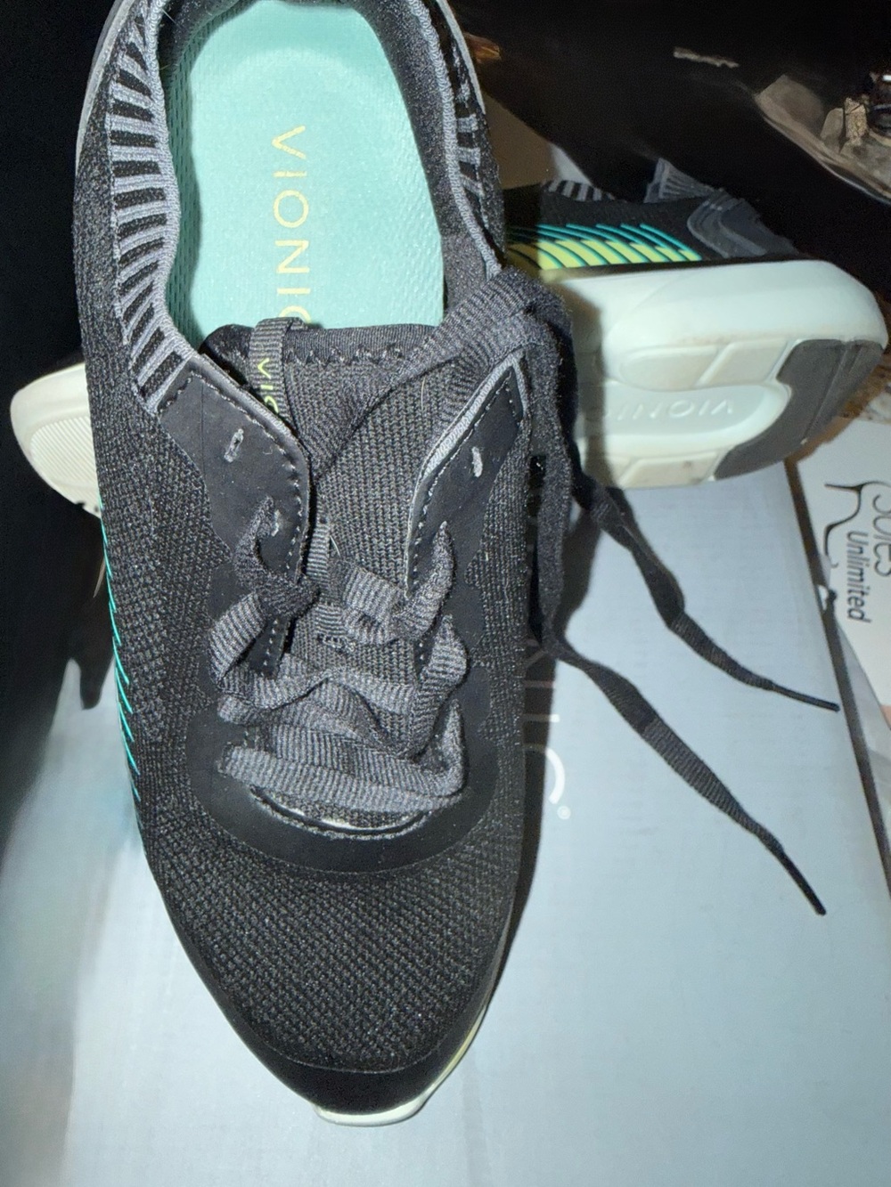 Vionic Black Knit Lace-Up Sneaker with Teal Insole and Aqua Accent